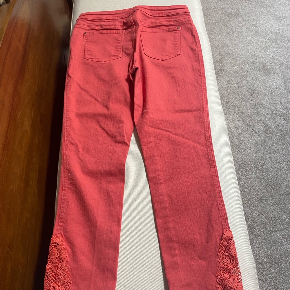 Chico's Vibrant Coral Cropped Jeans with Lace Detail